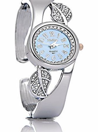 8Years Cuff Quartz Women Bangle Bracelet Wrist Watch Student Children Round Leaves Skyblue For Ladies