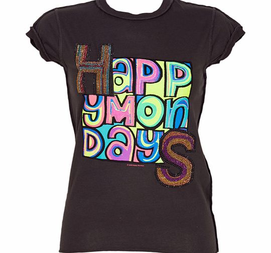 Ladies Diamante Happy Mondays Charcoal T-Shirt