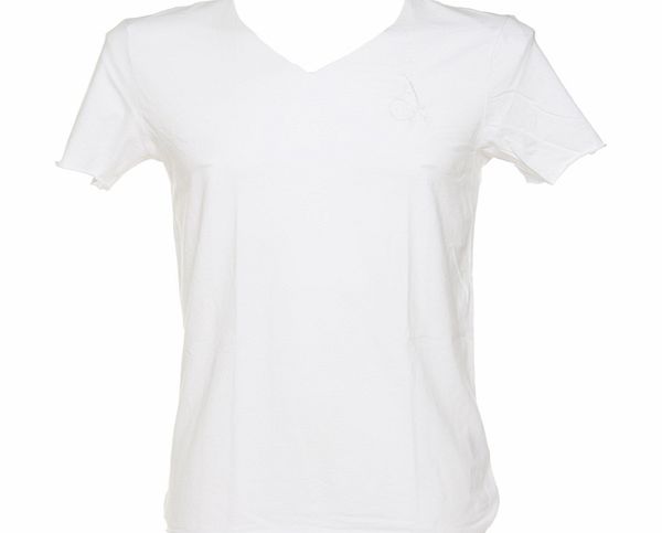 Mens White Raw Edge V Neck T-Shirt from