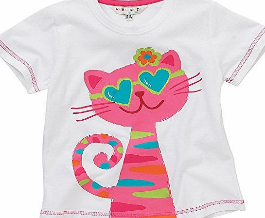 Animal Crazy Girls Cute Cat Short Sleeved T-Shirt - White - 3/4 Years