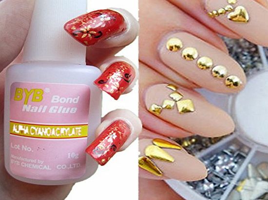 Ardisle Nail Glue Brush on and 120 Metal Mixed Nail Art Studs 3d Gem Metallic Rhinestone Square Star Heart -6 Shapes: rotundity, star, peach heart, rhombus, rectangle, quadrate rhinestones gems   Free