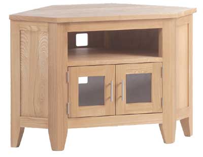 Corner TV unit with glazed doors and shelf