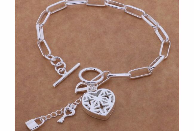 Fashion Beautiful 925 Silver Heart Key Clock Bracelet,for Women, Teen Girls, Young Girls+Velvet Pouch