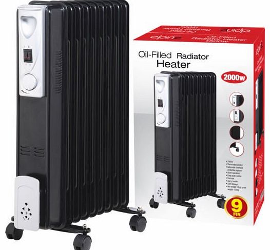 2000W 9 FIN PORTABLE OIL FILLED RADIATOR HEATER ELECTRICAL CARAVAN OFFICE HOME (BLACK)