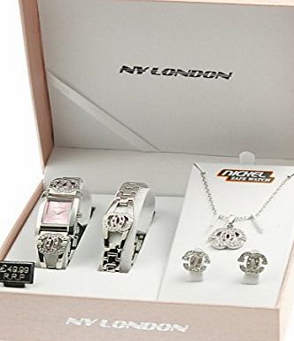 LADIES WATCH GIFT BIRTHDAY NECKLACE BRACELET EARRINGS SET PENDANT WOMENS GIRLS (GOLD)