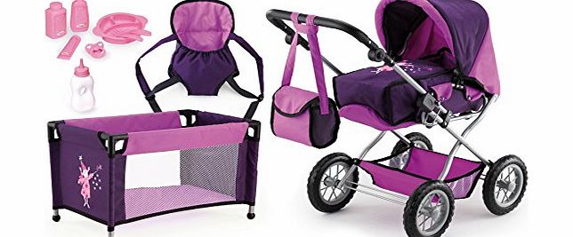 Bayer Design 46 - 75 cm Dolls Pram Combi Grande Set with Bag/ Travel Cot/ Dolls Carrier and Tableware, Purple