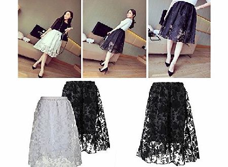 Vintage Retro Women High Waist Elastic Flared Skater Pleated Lace Midi Skirt Xmas gift