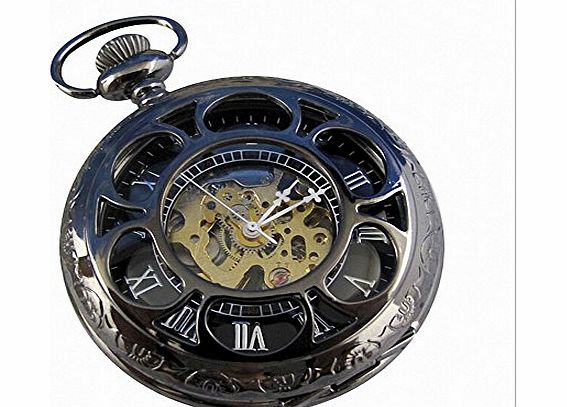 Bee2flower Antique Black Steel Hollow Skeleton Magic Roman Half Hunte Hand Wind Mechanical Pocket Watch Long Chain New Fashion