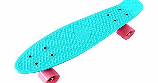  22`` KIDS RETRO CRUISER MINI PLASTIC SKATEBOARDS - AQUA WITH PINK WHEELS (7 COLOURS AVAILABLE)