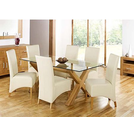 Lyon Oak Rectangular Glass Dining Set in Ivory