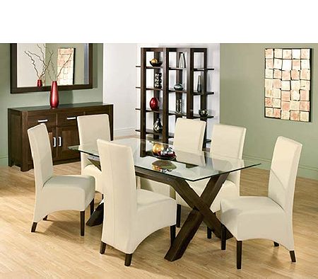 Lyon Walnut Rectangular Glass Dining Set in Ivory