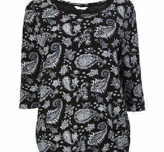 Bhs Black 3/4 Sleeve Paisley Print Bubble Hem Top,