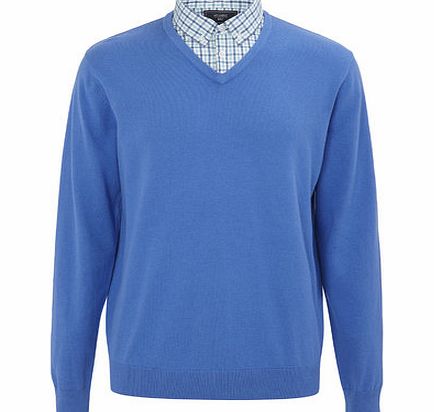 Blue Checked Mock Shirt Jumper, MID BLUE