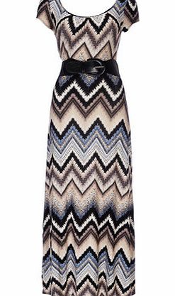 Bhs Blue Chevron Belted Maxi Dress, multi 12022979530