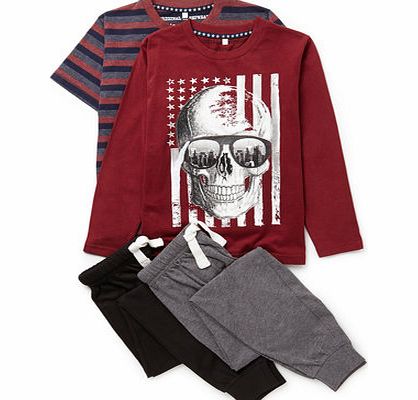 Boys 2 Pack American Skull Pyjamas, burgundy