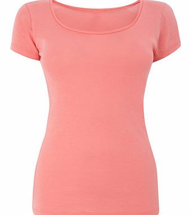 Coral Short Sleeve Scoop Neck Top, coral