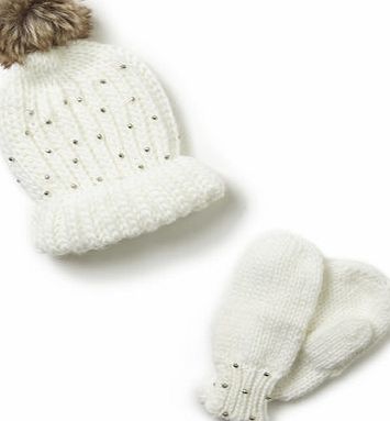 Bhs Girls Girls Cream Beanie and Mittens set, cream