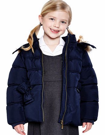 Girls Girls Navy Short Line Faux Fur Trim Coat,