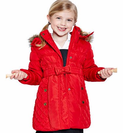 Girls Girls Red Bow Belt Padded Coat, red