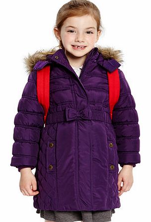 Girls Purple Bow Belt Padded Coat, purple