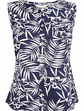 Navy Print Sleeveless Linen Top, navy/white