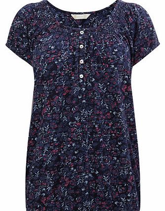 Navy Short Sleeve Floral Printed Gypsy Top, navy