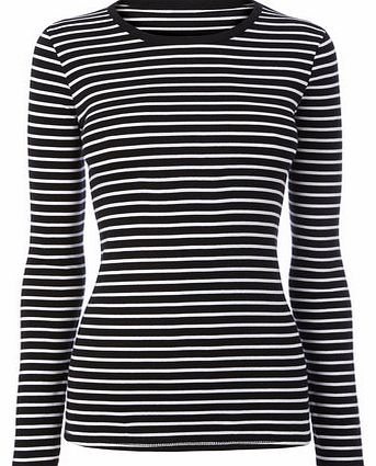 Womens Black/white Long Sleeve Stripe Crew Neck