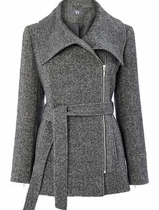 Womens Grey Zip Belted Collar Coat, grey