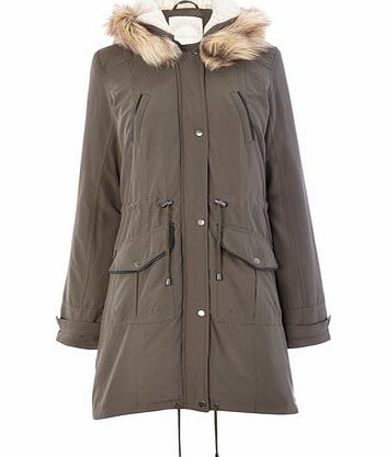 Womens Khaki Faux Fur Hood Parka, khaki 9853260720