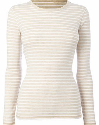 Womens Oatmeal Long Sleeve Stripe Crew Neck Top,