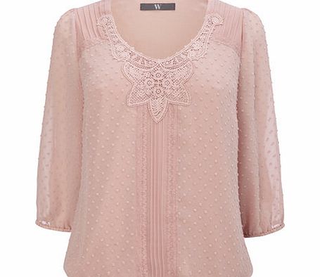 Bhs Womens Pink 3/4 Sleeve Crochet Dobby Blouse,