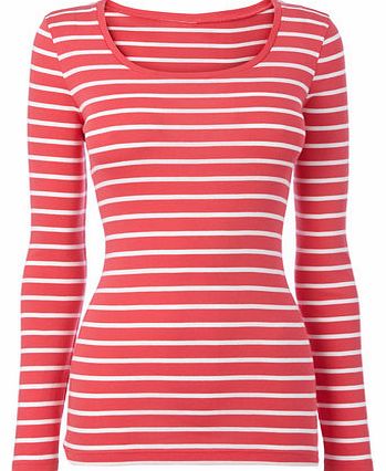 Womens Pink/white Long Sleeve Stripe Scoop Neck