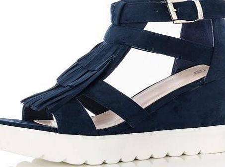 Blue Fringe Strap Wedges