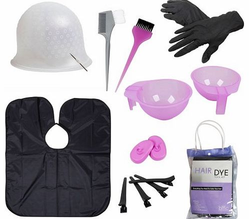 Hair Dye Coloring DIY Beauty Salon Tool Kit- Highlighting Cap, Hook, Long Brush, Bowl, Clip, Cape