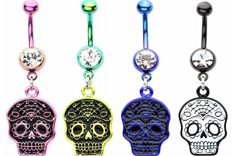 Sugar Skull Gem Navel Bar NT435SKULL-GRN