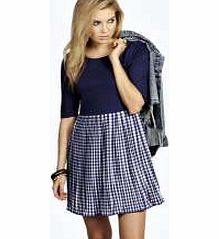 boohoo 2 in 1 Gingham Pleated Skirt Dress - navy azz12324