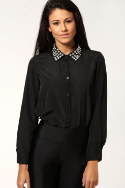 boohoo Alexis Diamante Collar Long Sleeved Blouse Female