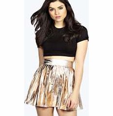 boohoo Alina Metallic Pleated Skater Skirt - champagne