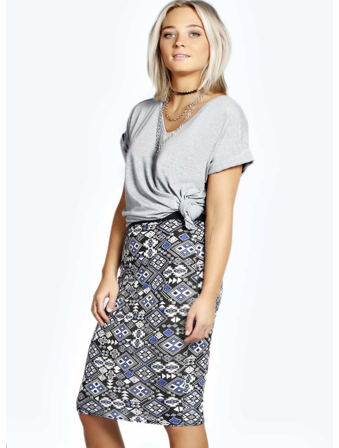 Amy Aztec Printed Midi Skirt - blue azz16880