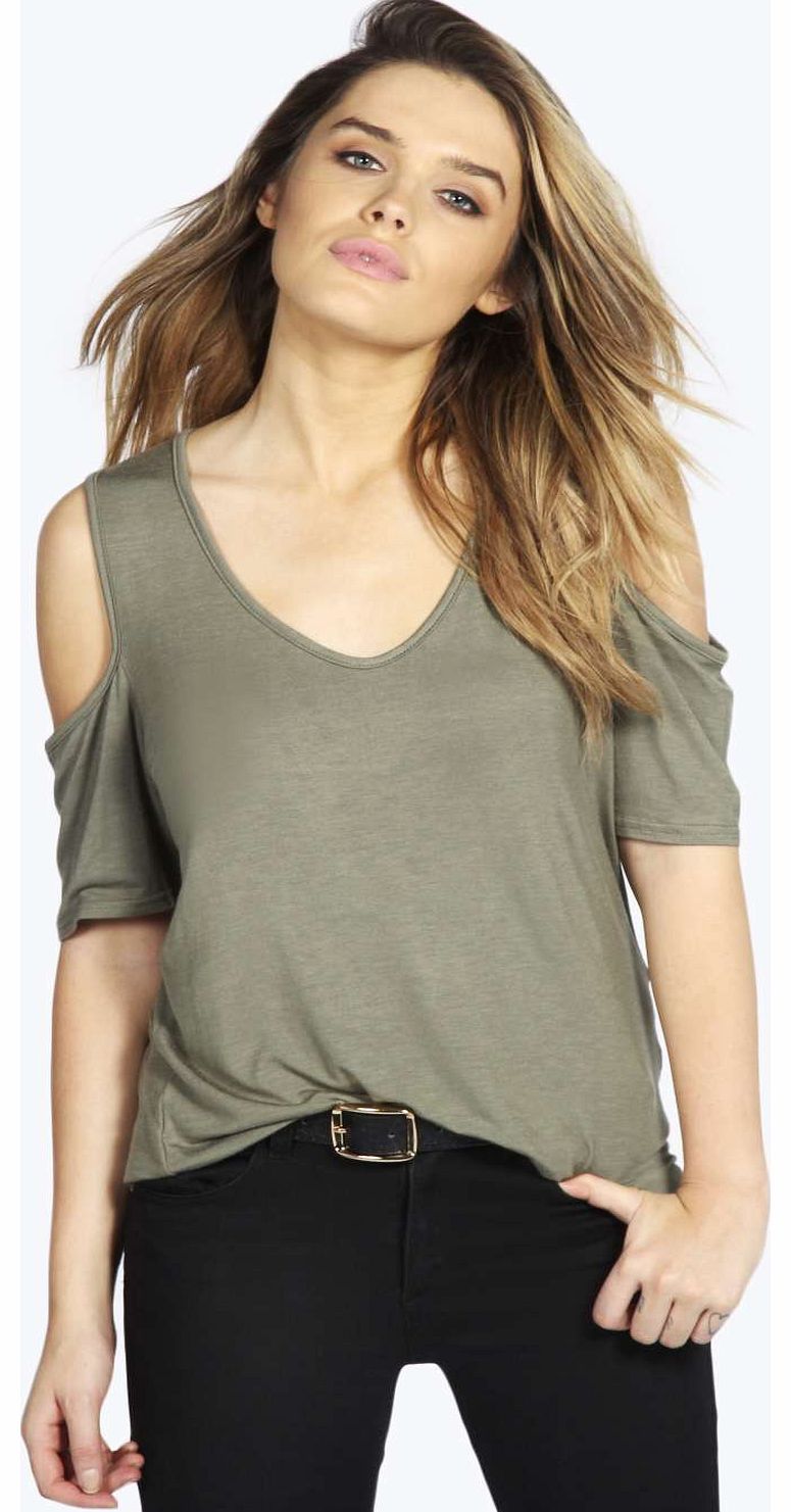 Carly Cold Shoulder T Shirt - khaki azz17874