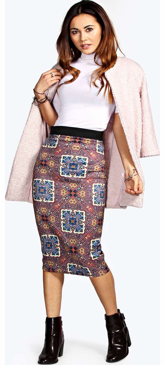 boohoo Cecillia Paisley Print Scuba Midi Skirt - multi