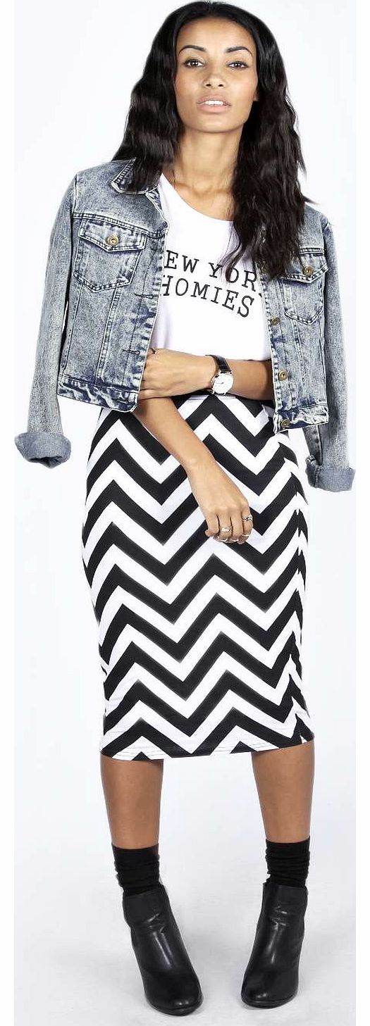 Coco Chevron Print Midi Skirt - black azz16888