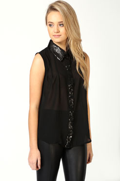 boohoo Dee Sequin Trim Pin Tuck Blouse Female