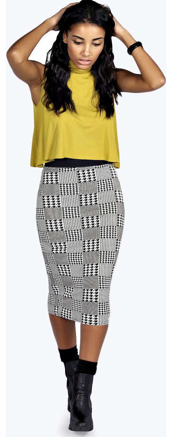 Donna Dogtooth Check Midi Skirt - black azz16870