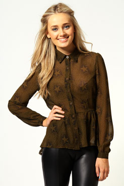 Ellen Star Print Chiffon Peplum Frill Blouse