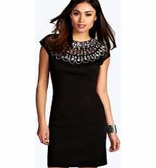 Embellished High Neck Bodycon Dress - black