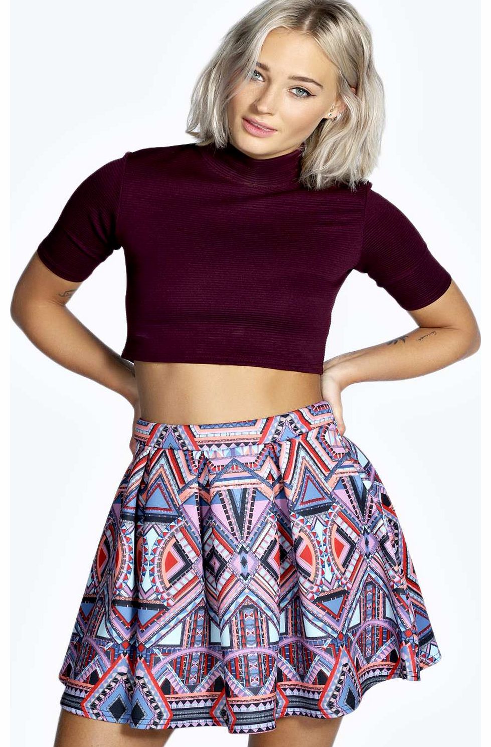 Hailey Geo Print Scuba Box Pleat Skater Skirt -
