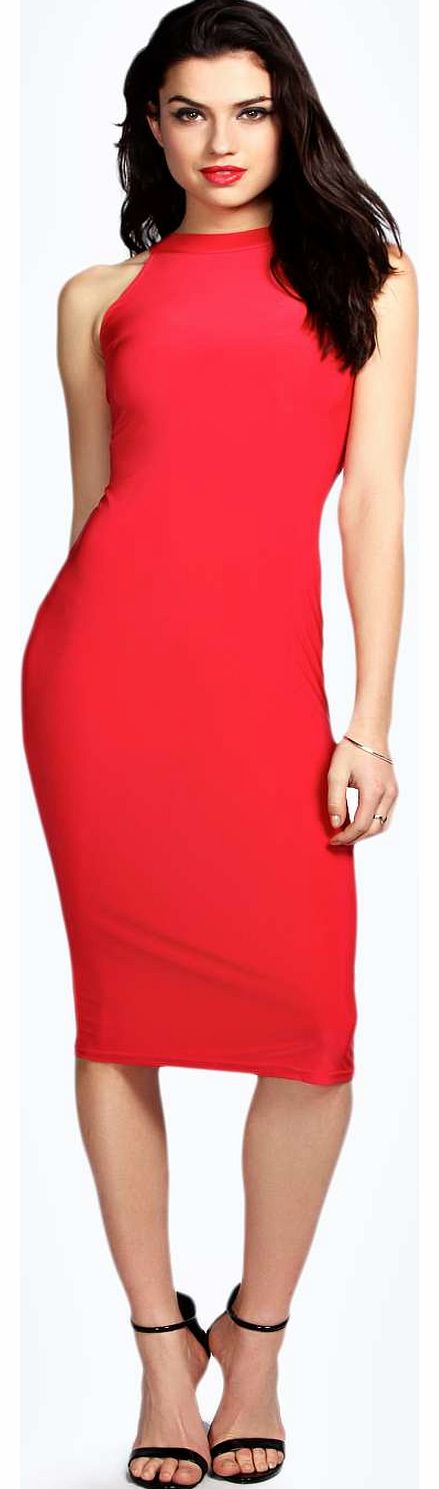 Holly High Neck Slinky Midi Dress - red azz19284