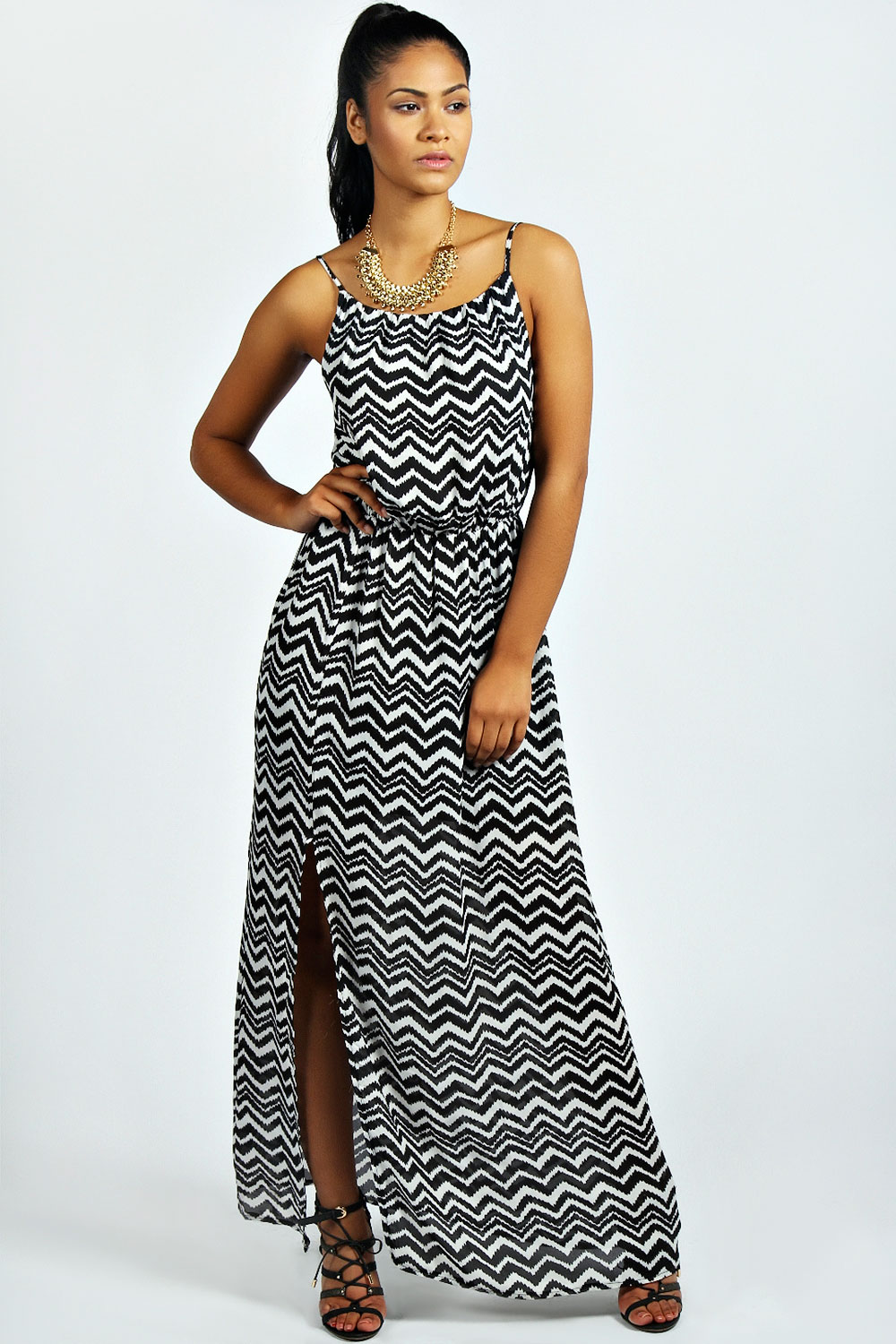 Izzy Zig Zag Chiffon Maxi Dress - black