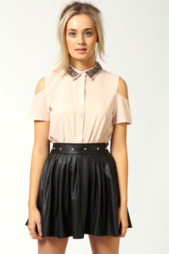 Jade Cut Out Shoulder Beaded Collar Blouse Female